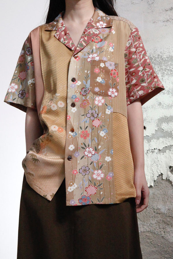 AVIVA JIFEI XUE Retro Kimono Patch Short Sleeve Shirt CO-KPSS-BR (9) PAJX1
